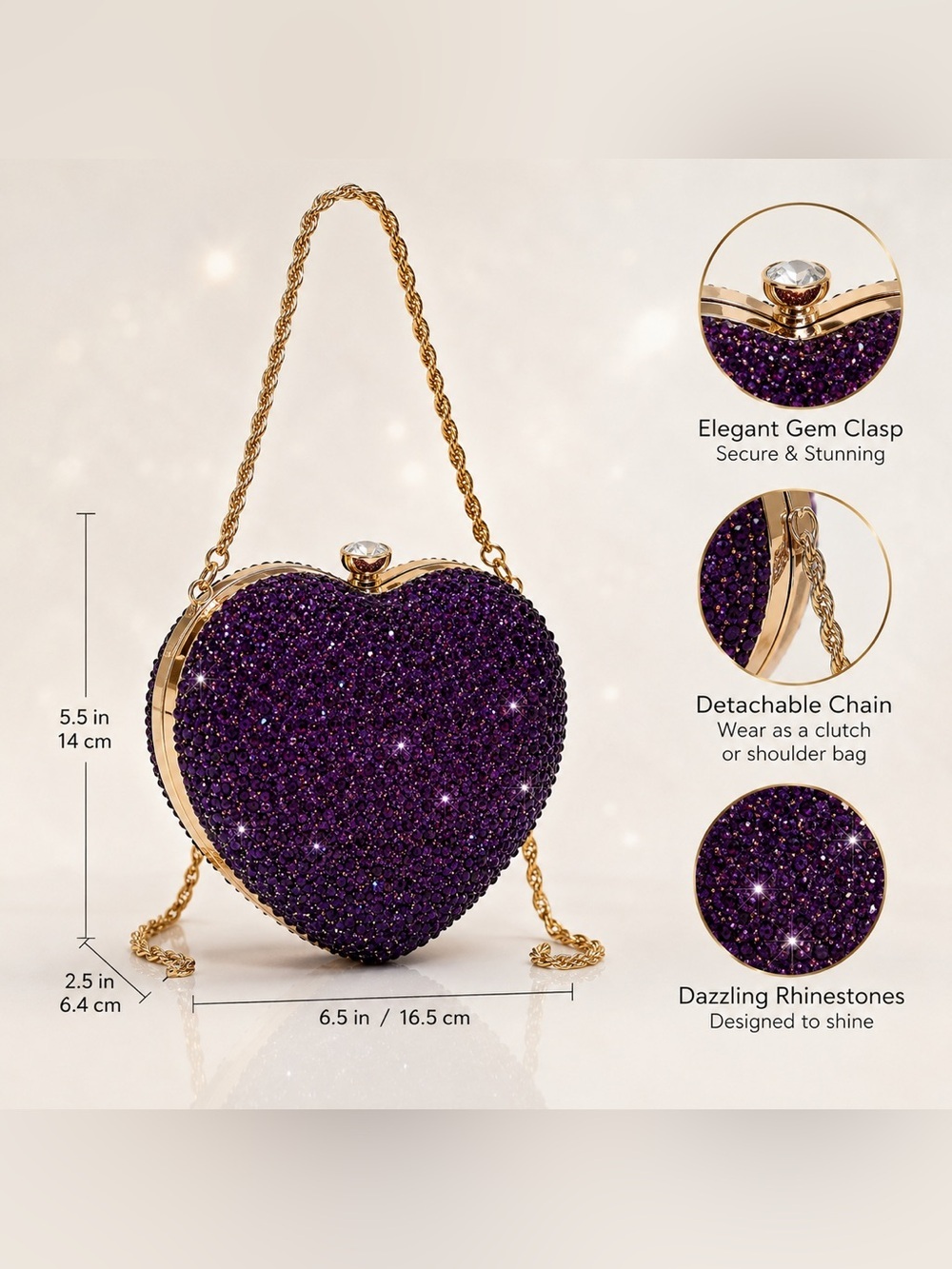 Purple Rhinestone Heart Clutch Vegas Mob Wife Glam Purse
